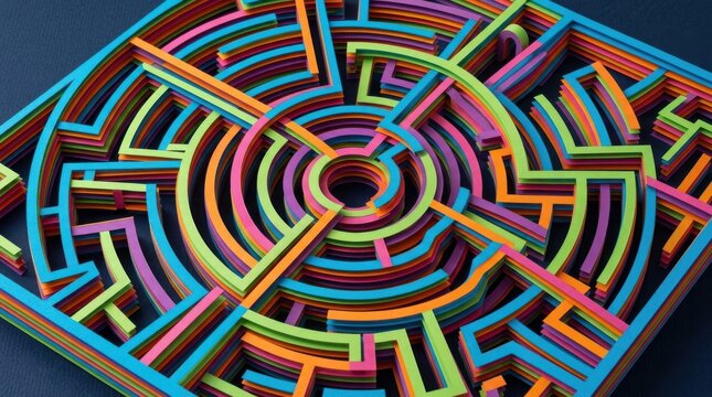 Complex paper labyrinth maze construction with colorful layered paths creates brain teaser visual for educational concept art.