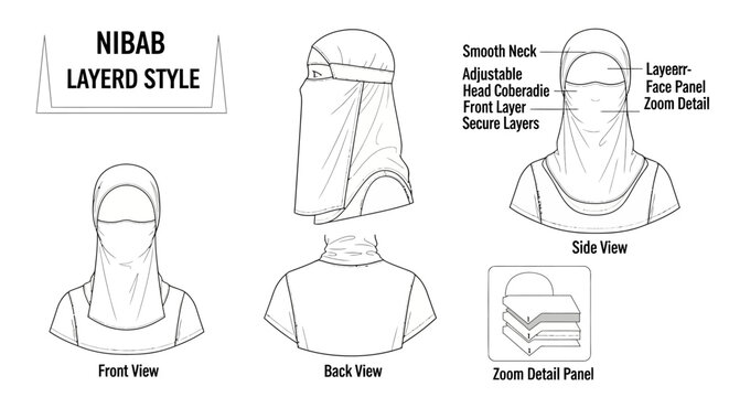 Layered niqab garment technical sketch displaying multi-angle views and fabric layer zoom details for production.