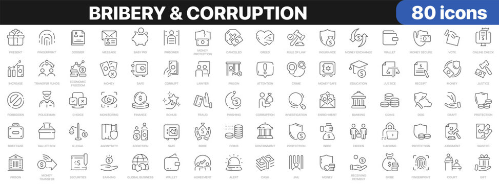 Bribery and corruption icon set with illegal payments, money transfers, fraud, government, justice, investigation, prison, financial crime and law enforcement symbols in linear style