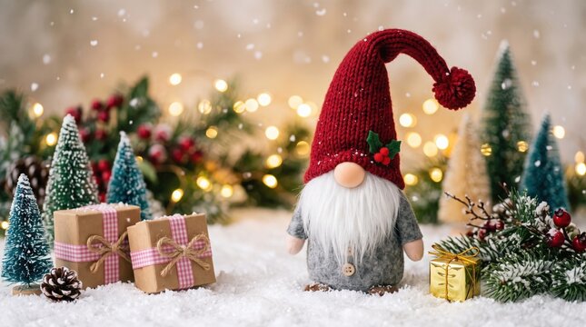 Festive winter gnome with gifts and snowy christmas tree background