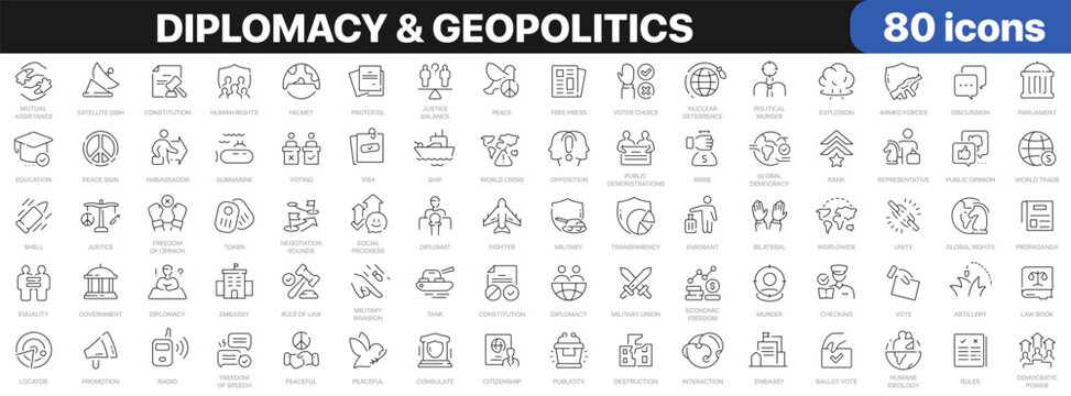 Diplomacy and geopolitics icon set with government, democracy, international relations, peace, elections, military and global cooperation symbols in linear style
