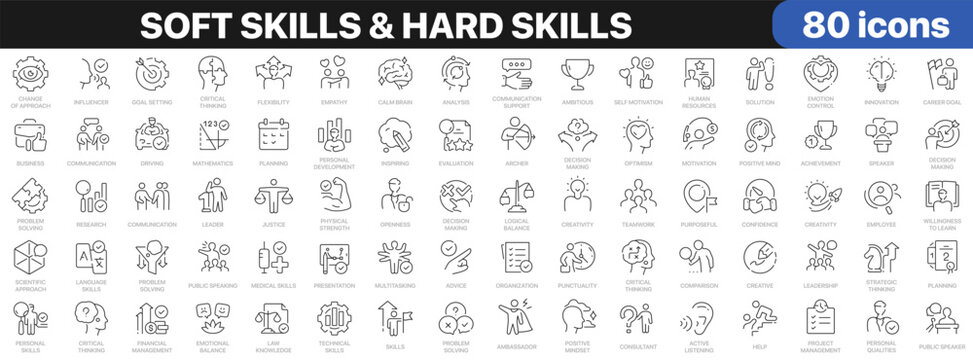 Soft skills and hard skills icon set with communication, leadership, teamwork, planning, creativity, professional development and career symbols in linear style