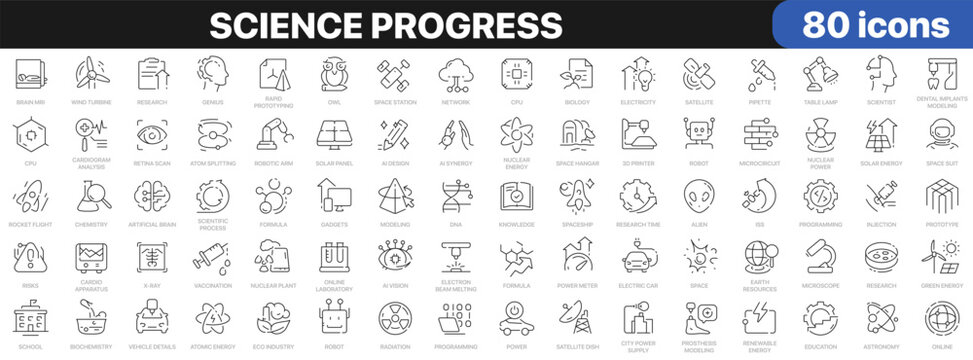 Science progress icon set with research, technology, medicine, artificial intelligence, space, renewable energy and scientific innovation symbols in linear style