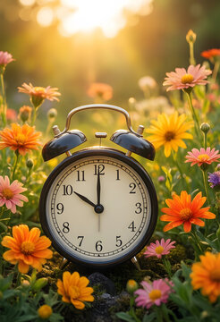 Time management and spring season, alarm clock in a field of blooming flowers with warm morning sunlight for productivity and nature wellness