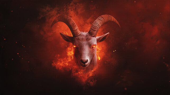 A fire goat's head is centered against a dark backdrop filled with flames. The goat has glowing eyes, creating a dramatic visual. The image emphasizes the fierce look of the animal.