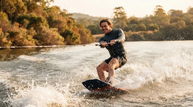 A smiling young man wakeboarding on a calm lake during a bright and sunny golden hour afternoon
