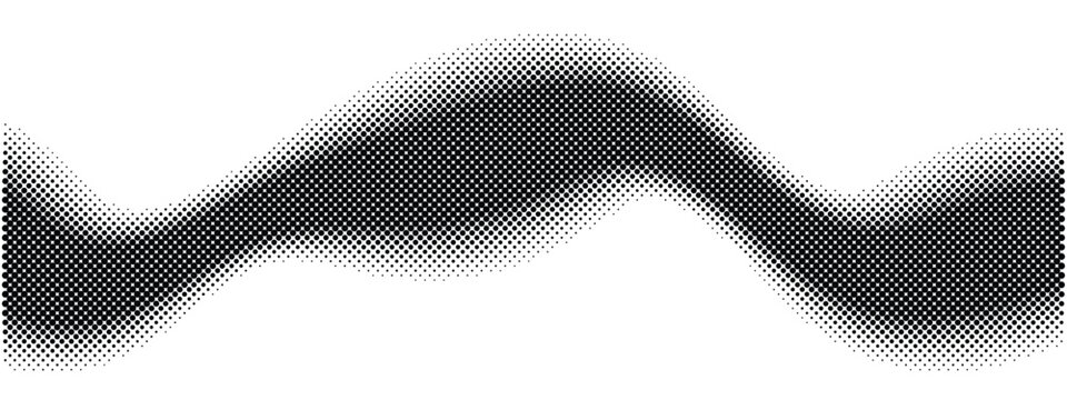 Black halftone wavy smoke stream. Stipple dotted ribbon with soft gradient edges, dither swoosh shape, comic pop art screentone overlay, grunge ink wave texture, abstract dot flow banner