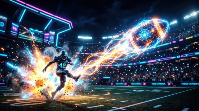 A football player, wearing the number 42, is sprinting across a stadium field.