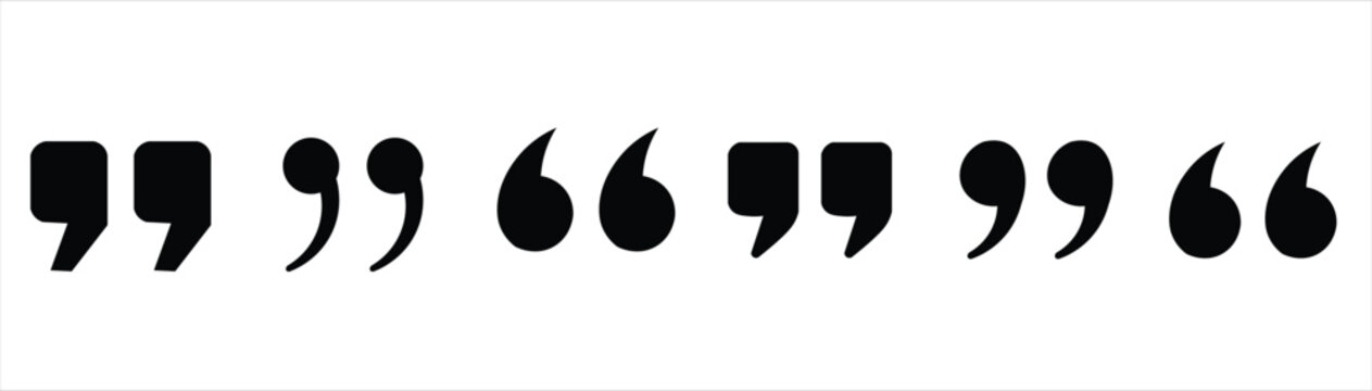 Set of black quote mark silhouettes, modern quotation symbols, typographical punctuation icons, speech mark graphics, and text quote elements for creative design layouts.