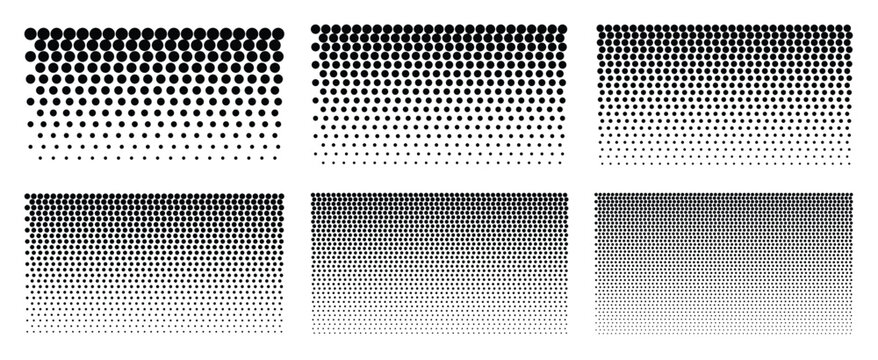 Halftone dot gradient set. Six black polka dot patterns, fading dots, vertical gradation transition, raster screentone texture panels, comic pop art stipple overlay backgrounds. Vector