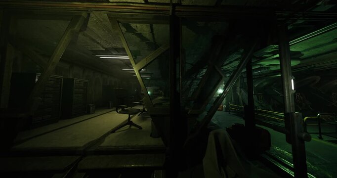 long industrial tunnel lined with stacked pipelines and service ladders, green safety lights casting shadows, cramped passage, technical infrastructure focus