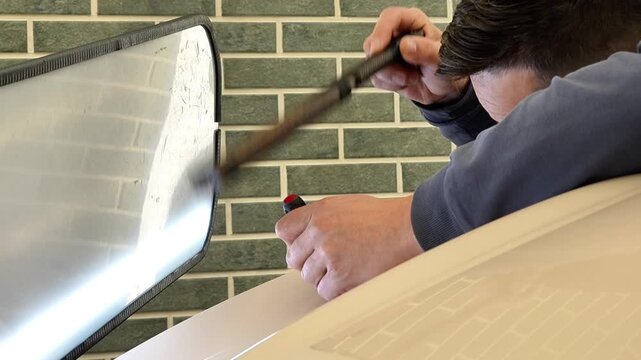 Professional master technician performing paintless dent repair PDR process with specialized blending hammer tool on a white car body indoors. Automotive body shop detailing, vehicle maintenance. 