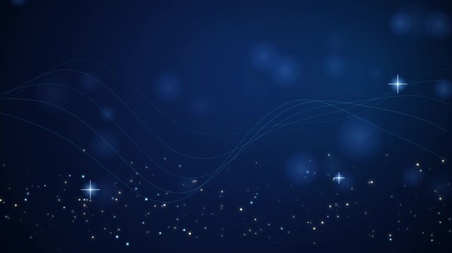 Elegant Navy Blue Motion Background Featuring Glowing Light Particles and Soft Wavy Golden Linear Lin