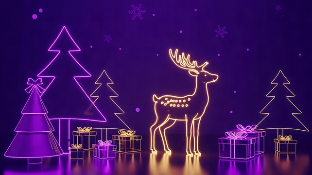 Neon christmas scene with reindeer christmas trees gifts and purple lights