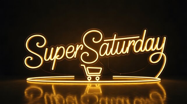 Super saturday neon shopping sign with glowing cart symbol