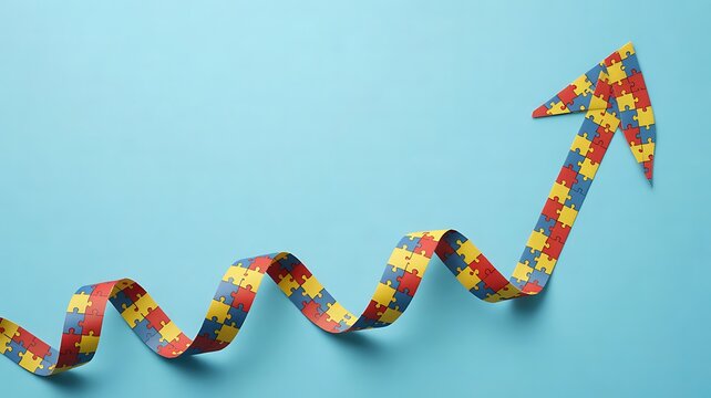 Upward growing arrow made from colorful ribbon on blue background