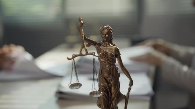Lady Justice Statue with Legal Professionals Reviewing Documents in Law Office