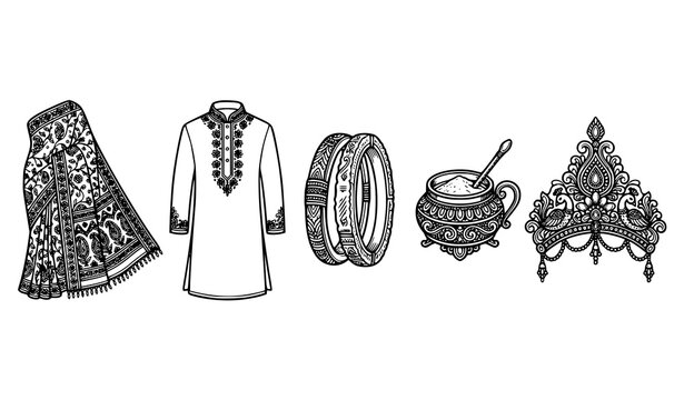 Durga Puja traditional clothing and ritual items line art vector