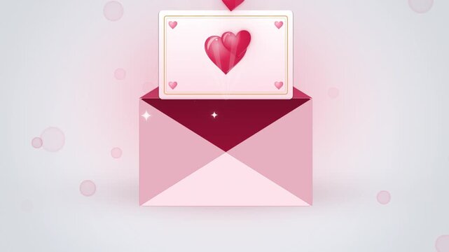 Valentine pink envelope opening with a heart love letter on white