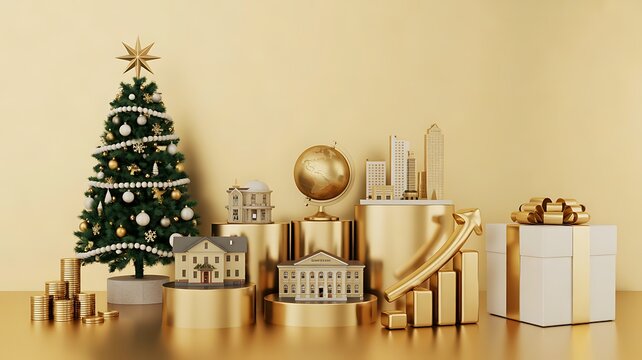 Christmas city decoration with golden tree houses gifts and festive ornaments