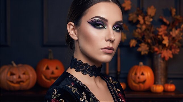Model with spiderweb eye makeup poses among carved pumpkins. Halloween beauty and fashion. Costume party and carnival style. Seasonal makeup inspiration and festive portrait.