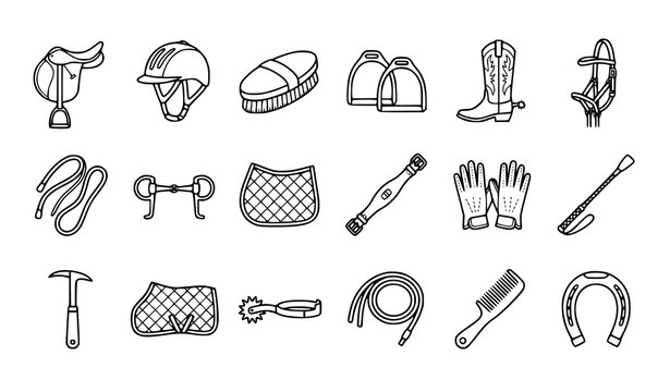 Horse Riding Equipment and Equestrian Gear Outline Vector Icon Set