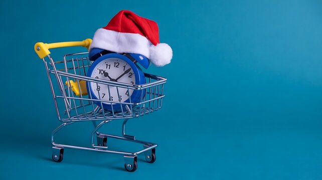 Christmas shopping cart with santa hat clock and festive gift concept