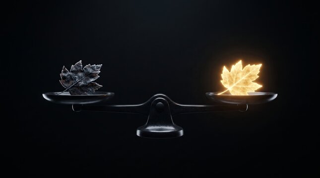 A dark frozen leaf and a glowing golden leaf in perfect balance on a dark scale, symbolizing the Autumn Equinox and financial equilibrium.