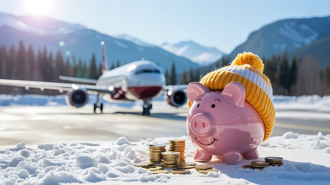Piggy bank saving money near an airplane in a snowy mountain landscape