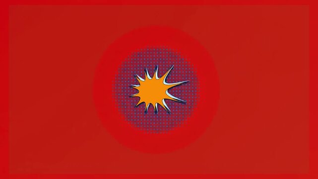 Pop art comic book style "HAPPY BIRTHDAY!" title reveal animation with speech bubble explosion and sunburst rays on red background. 