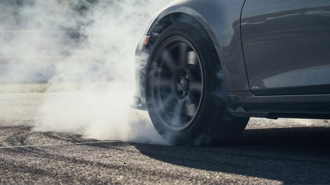 Sports car drifting and burning rubber creating thick smoke on asphalt
