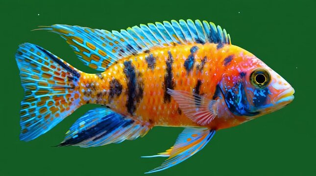 A clown peacock cichlid with vibrant fins, isolated on a green background