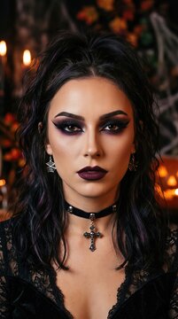 Woman wearing dramatic gothic makeup in Halloween costume portrait. Halloween beauty and fashion. Costume party and carnival style. Dark glamour, alternative beauty and seasonal celebration.