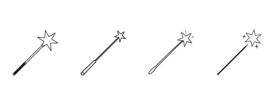 magic wands with star tips in different styles and positions on white background