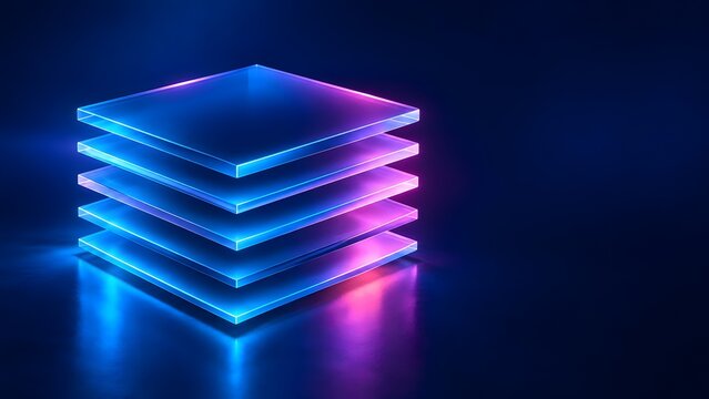 Minimalist futuristic tech background showing stacked transparent glass plates illuminated with vibrant cyan and magenta neon gradients