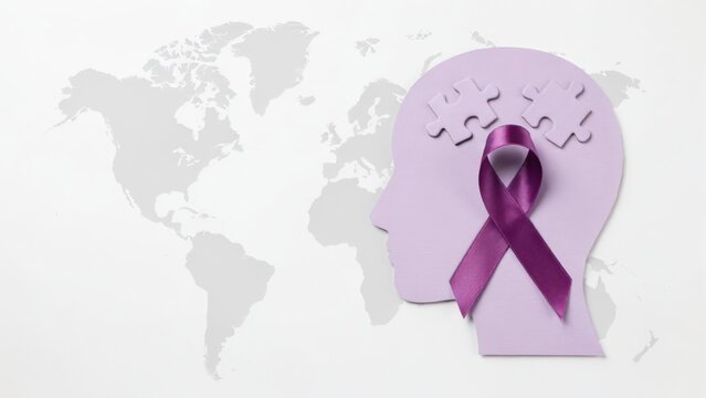 Purple awareness ribbon on a human head silhouette with puzzle pieces on a world map background