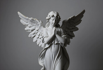 Fototapeta premium Spirituality and peace marble angel statue with praying hands and wings spread for religious worship funeral memorial and divine grace concepts