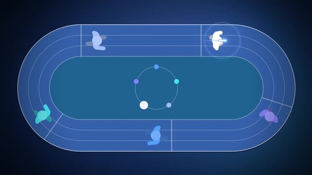 Top view of a blue relay track with a glowing baton seamless loop