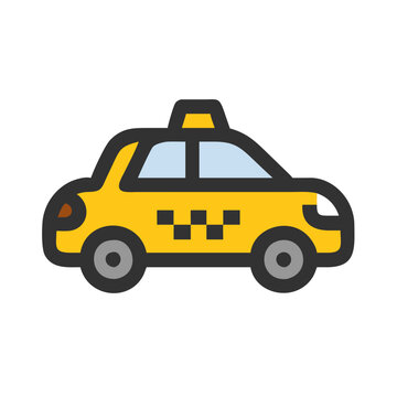 Stylized icon illustration of a yellow taxi on black
