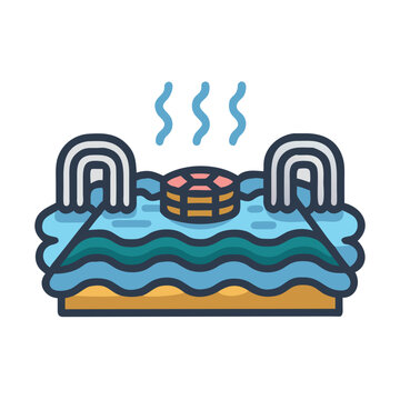 Stylized flat illustration of hot spring with arched waterfalls