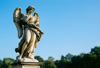 Fototapeta premium Spirituality and faith concept, stone angel statue with wings in a peaceful garden setting under a clear blue sky for religious and memorial themes