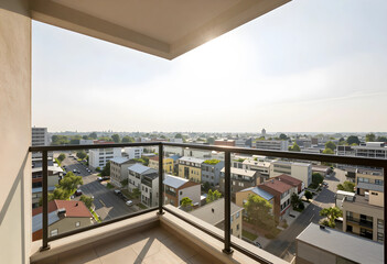 Fototapeta premium Urban living and real estate investment, high rise apartment balcony view overlooking a modern city neighborhood with residential houses and streets