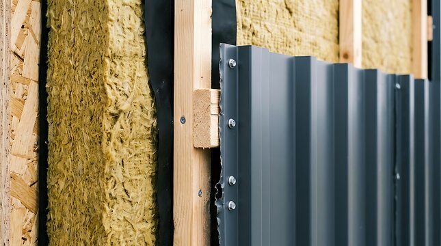 Construction of a modern building wall with wooden frame, mineral wool insulation, vapor barrier, and grey corrugated metal siding panels