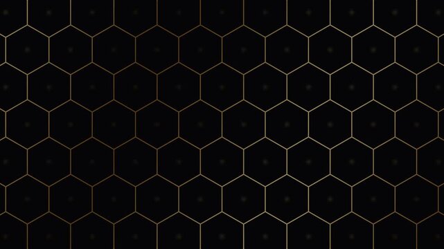 Elegant hexagon grid with pulsing dots in gold on black 4K video