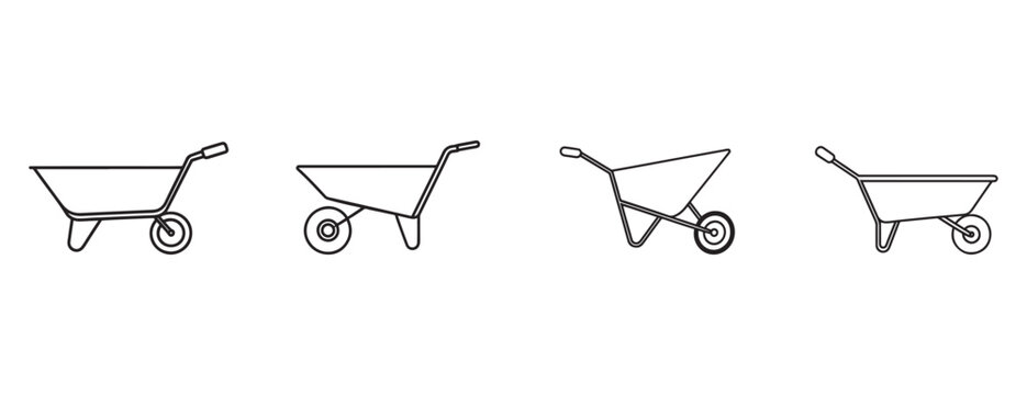 wheelbarrow illustrations in various positions with one wheel and handle on white background