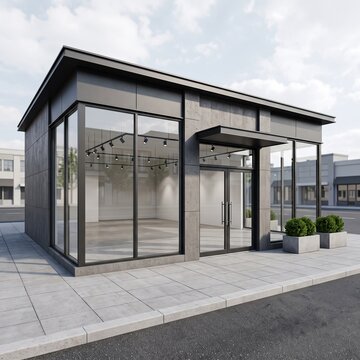 Empty modern retail store corner storefront with floor to ceiling glass windows