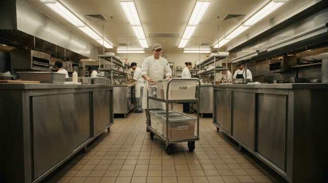 Kitchen Worker Transporting Ingredients on Trolley
