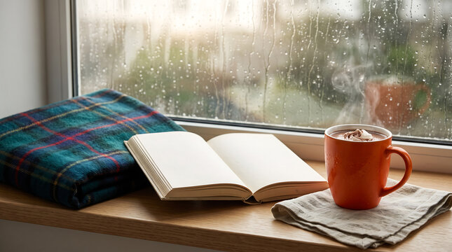 open book beside a warm orange mug and folded plaid blanket on a wooden windowsill with rain covered glass and blurred greenery indoors