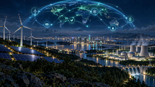 Digital visualization of global sustainable energy network connecting wind turbines, solar panels, nuclear power, and hydroelectric dam with a modern city skyline at night