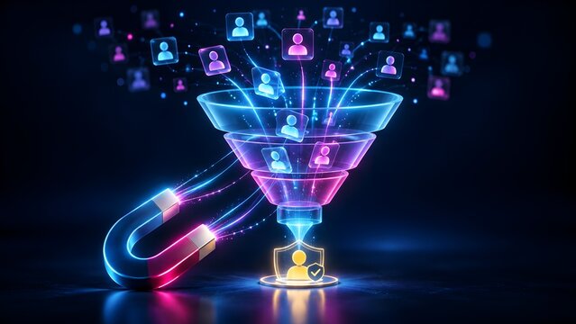 Glowing digital magnet attracting user profile icons into a conversion sales funnel representing lead generation customer acquisition and target audience marketing